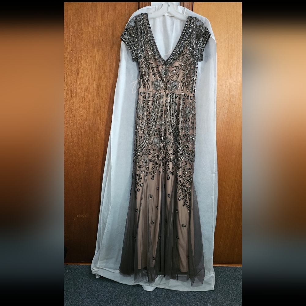 David's Bridal Beige/Black Sequin Gown V-Neck Cap Sleeve